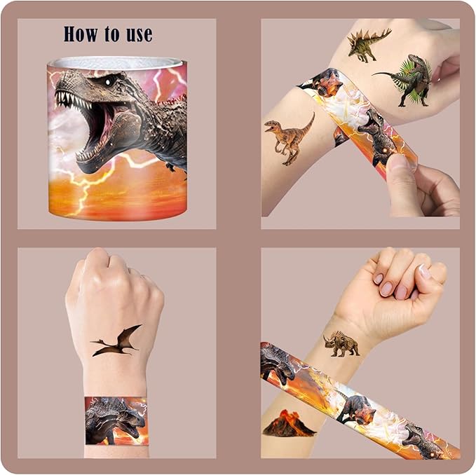 60PCS Realistic Dinosaur Party Favors Set include 36Pcs Dinosaur Temporary Tattoos Stickers, 24Pcs Dinosaur Slap Bracelet for Forest Dinosaur Dino Party Favors Prehistoric Dinosaur Themed Supplies
