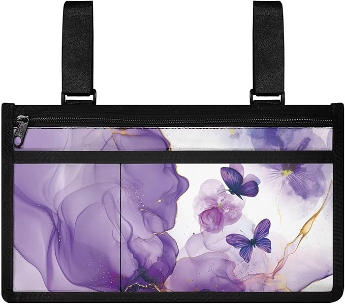 ZOUTAIRONG Purple Marble Print Butterfly Cross Wheelchair Side Bag Power Wheelchair Bag Walker Organizer Pouch Tote for Rollator and Folding