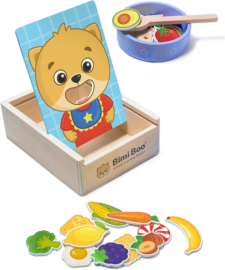 Bimi Boo Wooden Feeding Toy for Toddlers Ages 1-4+ - Pretend Food Game for Preschoolers, Play Food Set for Kids, Learning Resources Food Group Activities - 27 Various Foods, a Spoon, Bowl