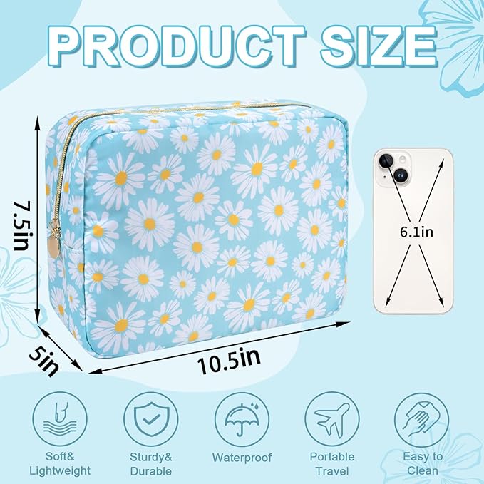 UIXIZQ Waterproof Large Floral Makeup Pouch,Nylon Travel Toiletry Storage Purse Preppy Cosmetic Bag for Women Girl,Large Capacity Makeup Organizer Zipper Pouch for Work(L Blue-Daisy)