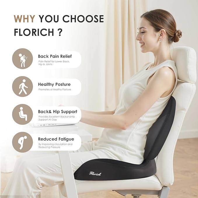 FLORICH Lumbar Support Pillow and Car Seat Cushion, Ergonomic Back Support Pillow and Seat Chair Cushion for Office Chair Memory Foam Lumbar Support and Car Seat Cushion for Car Seat Driver - Black