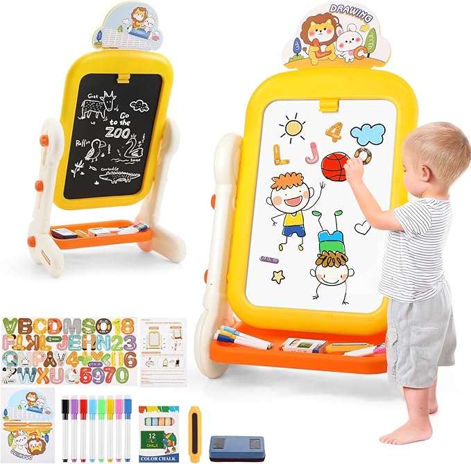 Kids Art Easel for Toddler 3-8, 4 in 1 Standing Rotatable Drawing Board with Painting Accessories, Large Magnetic Child White Board & Chalkboard Learning Educational Toy for Boys Girls Gift with Case