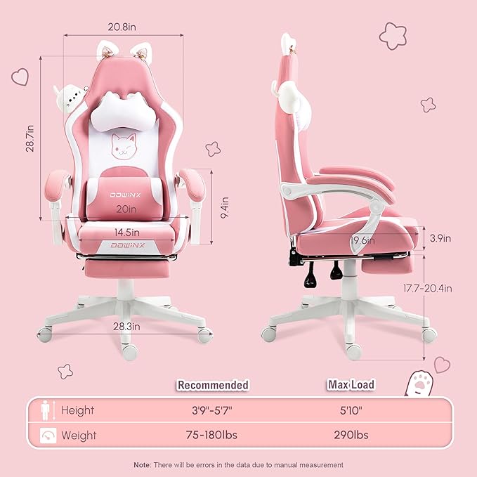 Dowinx Gaming Chair Cute with Cat Ears and Massage Lumbar Support, Ergonomic Computer Chair for Girl with Footrest and Headrest, Comfortable Reclining Game Chair 290lbs for Adult, Teen, Pink