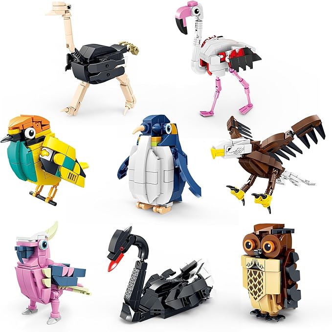 KAZI Birds Building Toy Set,Creative Building Toy Easter Basket Stuffers,Parrot,Owl,Penguin,Flamingo,Eagle,Bird Animal Toy Set,Party Favors,Prizes,Goodie Bags,Gift for Kids Ages 6 and up