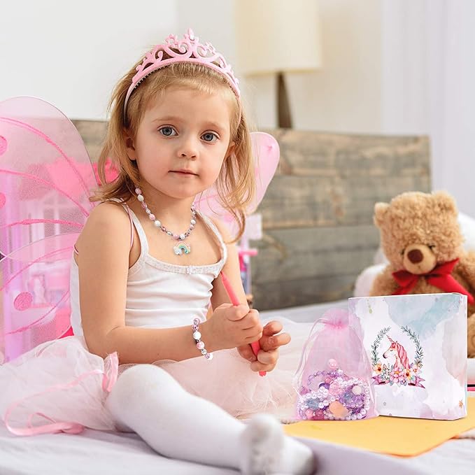 G.C 3 Sets Girl Princess Necklace Bracelet with Colorful Unicorn Mermaid Rainbow Pendant Kids Stretchy Chunky Costume Jewelry Gift Party Favors Dress up Jewelry for Little Girl Toddler(with Gift Box) (A)