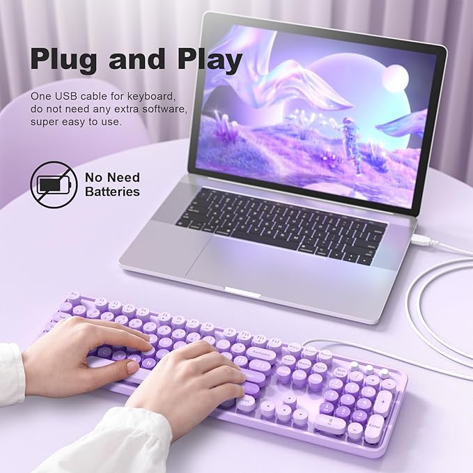 Large Print Keyboard Wired, Full Size Wired Retro Round Keyboard with Foldable Stands, Plug and Play for Laptop and Office PC- Purple Colorful