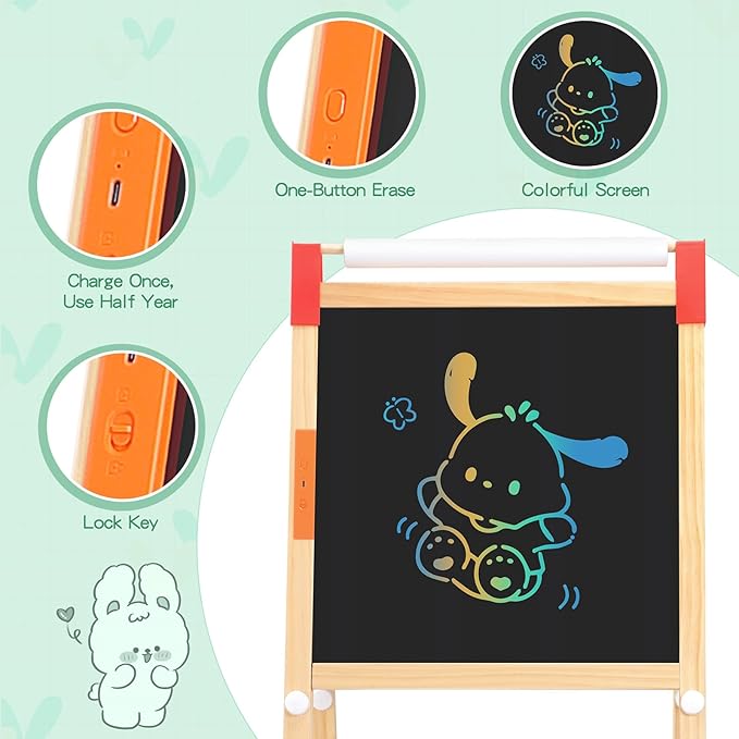 Art Easel for Kids-LCD Writing Tablet, Adjustable Standing Easels w/Magnetic Whiteboard & Paper Roll, Dry Erase Easel with Drawing Accessories, Double-Sided Easel for Kid Toddler 2-4 4-8 8-12