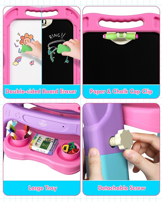 Lehoo Castle Easel for Kids, 4 in 1 Double Sided Kids Art Easel with Magnetic White Board & Chalk Board, Adjustable Standing Toddler Easel with Drawing & Writing Accessories (Blue, Purple, Pink)