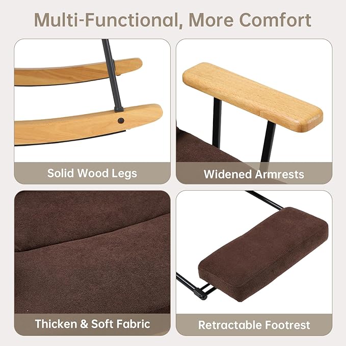 Rocking Chair with Footrest-Glider Rocker Chair with Retractable Footrest and Adjustable Backrest, Teddy Upholstered Rocking Chair Set of 2, Accent Chair for Living Room/Nursery/Bedroom/Outdoor-Brown