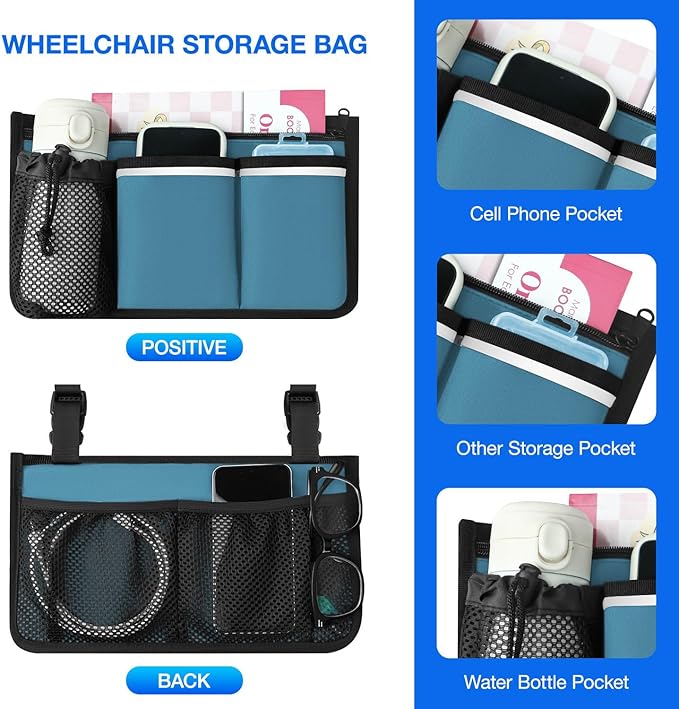 Wheelchair Bag, Walker Bag, Armrest Organizer Pouch with Cup Holder Attachment and Reflective Strip, Accessories for Most Wheelchairs, Walker, Rollators (Sea Blue)