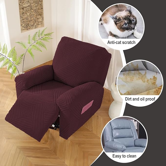 NORTHERN BROTHERS Oversized Recliner Cover - Lazy Boy Recliner Covers That Stay in Place, 4 Pieces Large Recliner Chair Covers 1 Seater, Wine Red