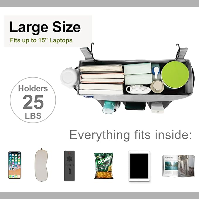 Surblue Bedside Organizer with Hook Bedside Caddy Hanging Storage Bag with Adjustable Straps and Water Bottle Holder for Home College Dorm Bunk Bed Accessories, Crib Bed, Hospital Bed,Lightgrey,2PCS