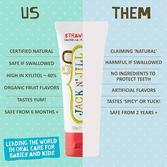 Jack N' Jill Toddler Toothbrush and Toothpaste Combo - Baby Toothbrush 12 Months and Up, 1 Year Old Toothbrush and Toothpaste Set, Fluoride Free - 1 Kids Toothbrush and 1 Strawberry Toothpaste