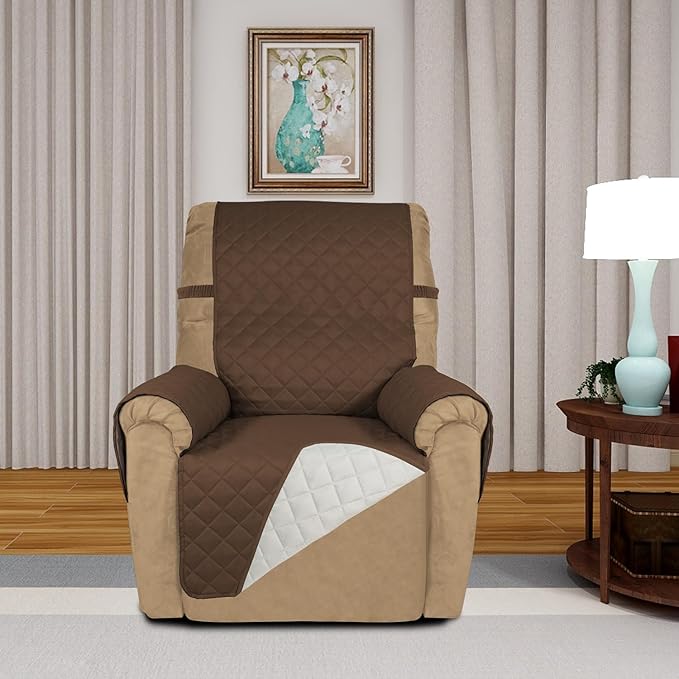 PureFit Reversible Quilted Sofa Cover, Water Resistant Slipcover Furniture Protector, Washable Couch Cover with Non Slip and Elastic Straps for Kids, Dogs, Pets (Recliner, Coffee/Ivory)