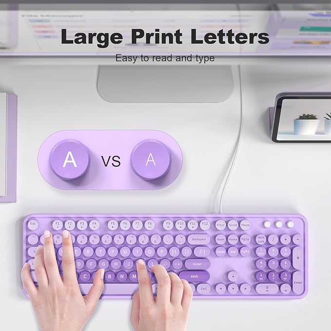 MOFII Keyboard Wired Large Print, Computer Keyboard Plug Play, Colorful Retro Round Typewriter Keyboard with Numeric Keypad and Media Hotkey for Windows PC Laptop (Pale Purple)