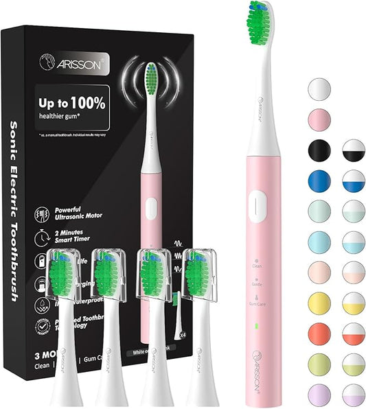 ARISSON [2024 Newer Version] Sonic Electric Toothbrush for Adults, 1.5H Charge for 90 Days, 40,000 VPM, 2 Min Timer, [Faster Charging, Stronger Cleaning, Smarter Brushing] White on Baby Pink