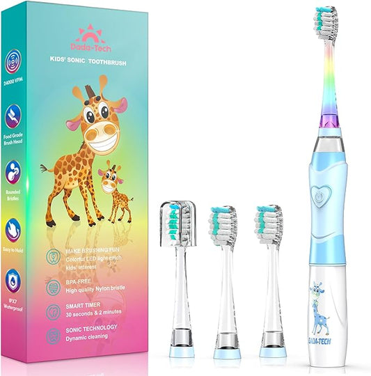 Kids Electric Toothbrush Toddler Toothbrush Age 2-4-8-12 Electric Toothbrush Kids with Timer Rainbow LED Light Up Vibrating Toothbrush Battery Operated Childrens Sonic Tooth Brush (Blue Giraffe)