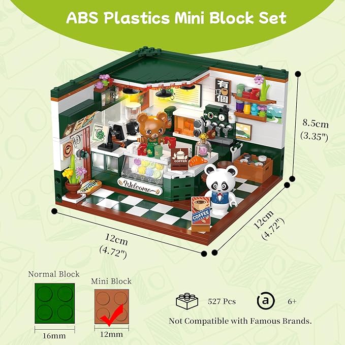 Friends House Building Block Set, Bear Cafe Shop Business City View Small Brick Model, Mini Construction Toy, Hobbies Christmas Birthday Gift for Teens Children Kids Boys Girls 6+, 527pcs