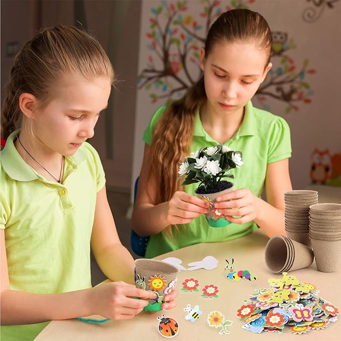 Ayfjovs Garden Paper Pot Craft Kit 55 Pack Flower Plant Spring Craft for Kids with 200 PCS Adhesive Foam Stickers and 55 PCS Plastic Plant Labels for Kids Garden, DIY and Early Education