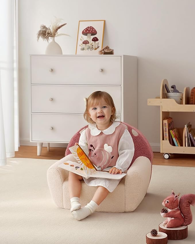Blissful Diary Toddler Chair Comfy, Foam Kids Chair with Soft Teddy Plush, Toddler Reading Armchair with Cute Mushroom Designs- Rusty Red