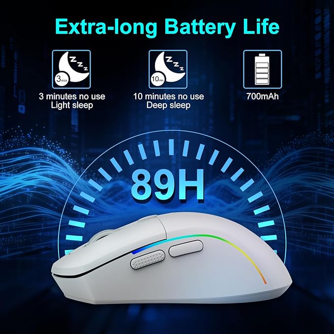 E-YOOSO Wireless Gaming Mouse, 10,000 DPI, Tri-Mode 2.4Ghz/Bluetooth/USB-C Wired, RGB Backlit, 6 Programmable Buttons, Ergonomic Rechargeable Gamer Mice with PC, Mac, PS, Xbox - White