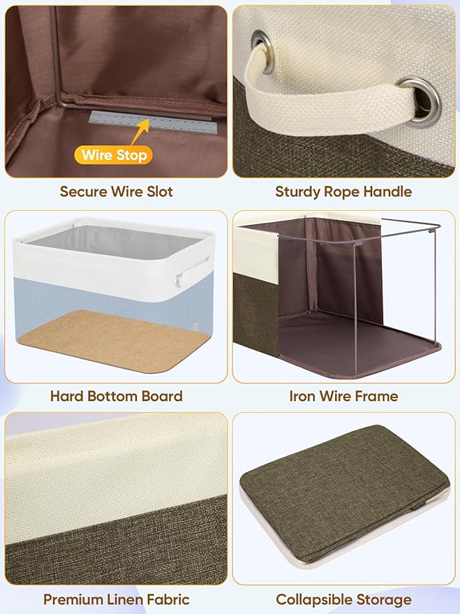 BALEINE 4 Pack Fabric Storage Bins for Shelves, Linen Storage Baskets for Organizing, Decorative Closet Bins for Clothes, Home (Brown, 17''x13''x10.5'')