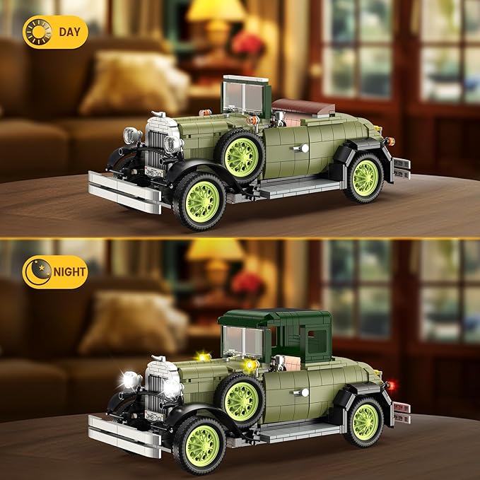 NUTCRACKER Retro Car Model Building Set for Adult, Vintage Classic Car Toy Building Set, Vintage Vehicle with Car Light Home Desktop Display Model, Birthday for Men Teens（1297Pieces