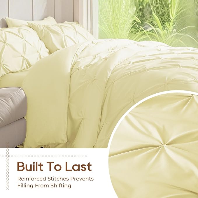 Sasttie Full Size Comforter Set, 7-Piece Bed in a Bag, Pintuck Bedding Set for All Season, Includes Comforter, Flat Sheet, Fitted Sheet, Pillowcases and Pillowshams, Cream Yellow