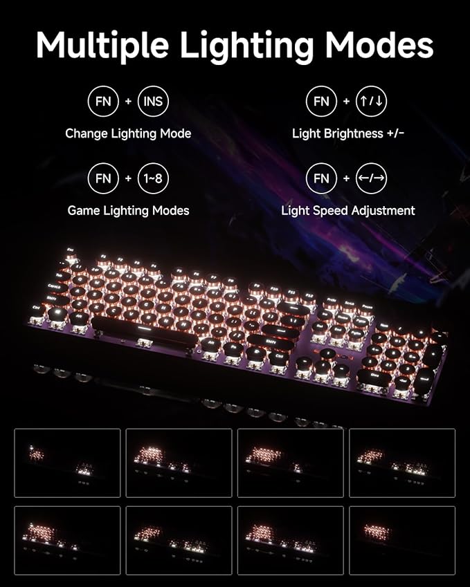 EWEADN Typewriter Style Mechanical Keyboard, Wired Typewriter Keyboards,104 Keys Backlit LED Metal Keyboards, Media Control Knob, Wired Computer Keyboard Pink Switch for Windows/Mac/PC-Purple