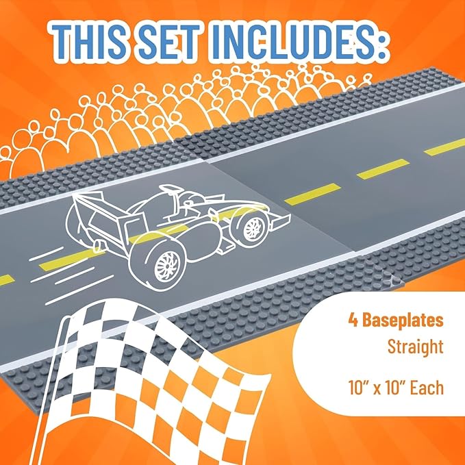 Strictly Briks Compatible with Lego Building Blocks Road Plates 10" x 10", 4 Pack Kids Brick Baseplates for City Road, Street, Race Track, Towns, Compatible with All Major Classic Brands