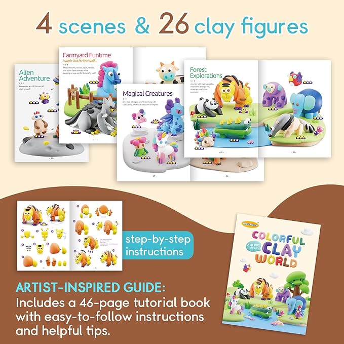 Air Dry Clay Kit for Kids - Comes with Instructional Guide Featuring 4 Scenes & 26 Projects Tutorials, 18 Cans of Modeling Clay, Includes Display Stand, Gift for Girls and Boys