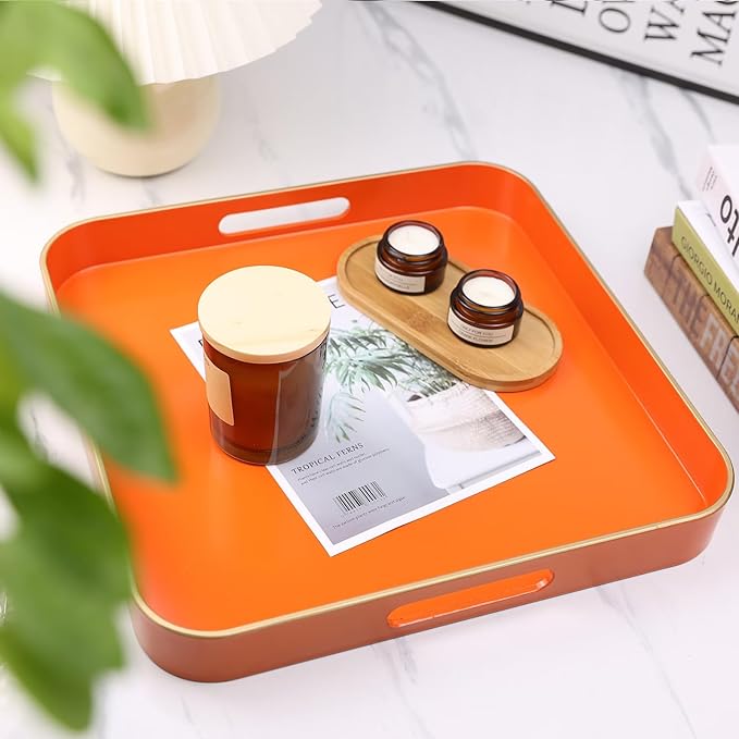 Omuriko Orange Square Decorative Tray with Handles, 13"*13" Versatile Serving Tray for Coffee Table, Ottoman, Ideal for Serving, Displaying, Organizing