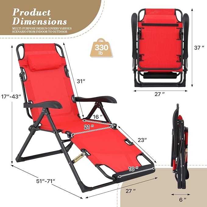 Athena Collection Zero Gravity Outdoor Lounge Chair Recliner, 27" Width Reclining Pool Lounge Lawn Chairs with Headrest Curved Armrest Foot Pad, Outdoor Chaise for Beach Patio Outside, Red