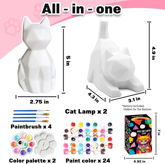 FUNZBO 2Pcs Paint Your Own Cat Lamp Kit - Arts and Crafts for Kids Teens Adults, Art Supplies Painting Kits for Kids, Toys Girls Boy Birthday Gift Ages 3 4 5 6 7 8 9 10 11 12 13+