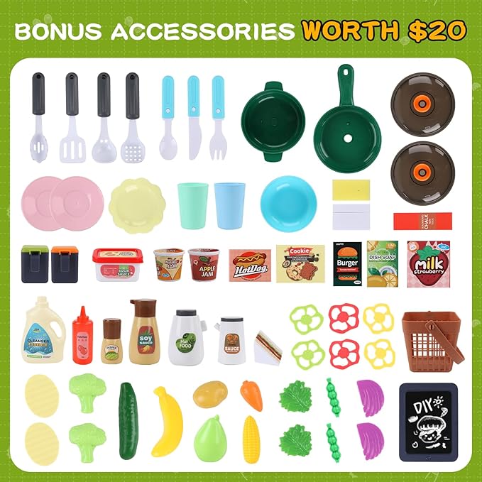 Kids Kitchen Playset, IRIMMY Kitchen Set for Toddler w/Realistic Cooking Light, Sounds, Steam, Sink, and Toy Kitchen Accessories, Pretend Kitchen Toys for Kids Girls Boys, Green