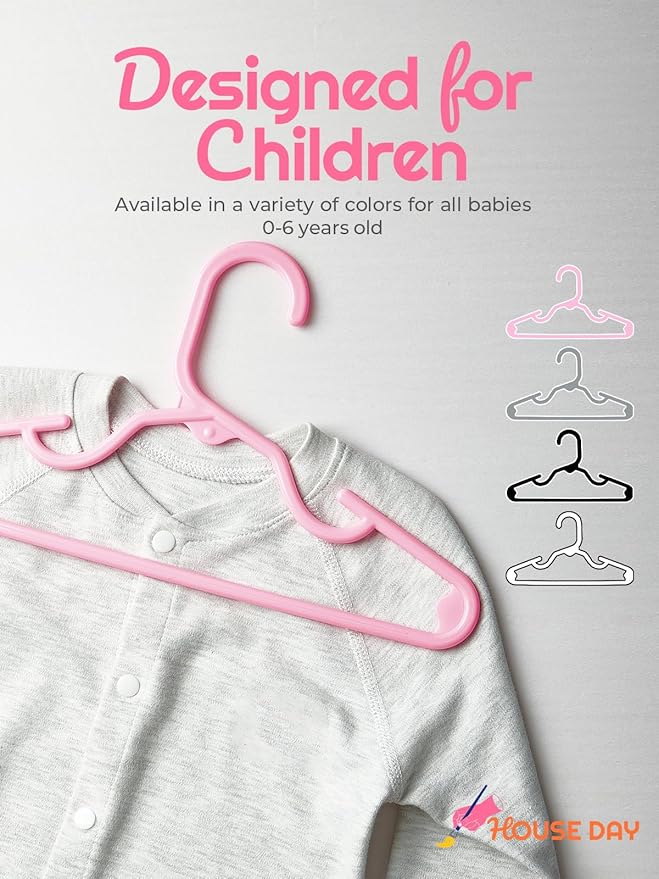 HOUSE DAY Kids Plastic Hangers for Closet, Childrens Hangers for Clothes & Baby Hangers, Toddler, and Child Clothes - Clothing, Pants, Coats, and More - Ideal for Everyday Use (Pink, 120 Pack)