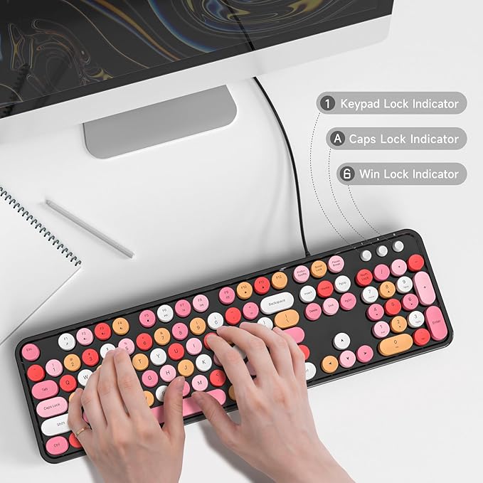 USB Wired Computer Keyboard - Retro Typewriter Keyboard - Full Size Office Keyboard with Number Pad, Caps Indicators, Foldable Stands, for PC Laptop Desktop Windows (Black Colorful)