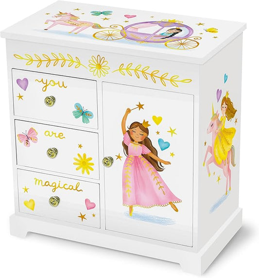 Giggle & Honey Princess Musical Jewelry Box for Girls - Kids Music Box with Drawers, Fairytale Gifts for Girls Birthday, Princess Jewelry Boxes for Ages 3-10 - 9 x 5 x 9.3 in, White