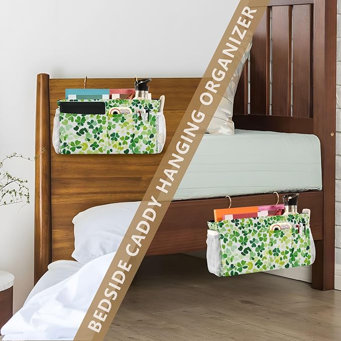 Bright Green Clover St. Patrick Bedside Caddy for Dorm Bed Bedside Hanging Caddy Bag Iron Frame Storage Organizer Pocket for Bunk Home College Hospital Beds 2 Hooks