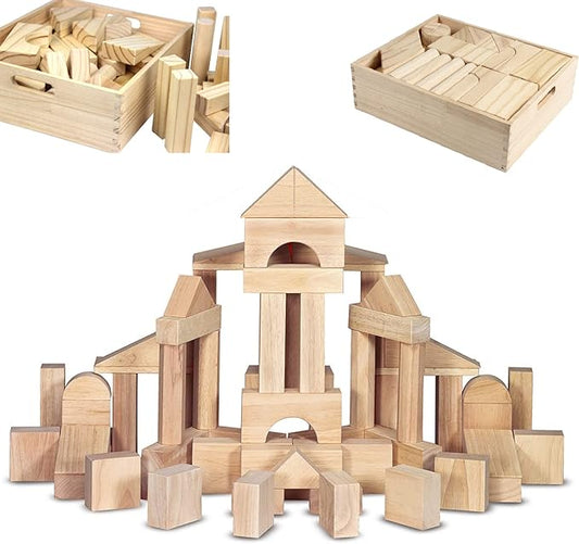 Standard Unit Building Blocks for Toddlers with Storage Tray (64 Pcs) Sanded Wood Blocks for Children, Original STEAM, and STEM Learning, Classic Wooden Toys for Kids Parties and Classrooms