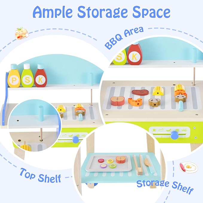 Costzon Kids Barbecue Grill Playset, Wooden Pretend Cooking Truck with 21 Play Food & Barbecue Accessories, Role Play BBQ Toy Set, Interactive Little Chef Cooking Play Stand for Girls & Boys Age 3+