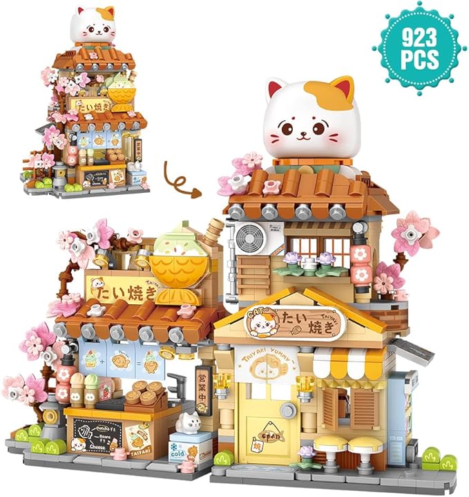 Lucky Cat Building Set,Openable Taiyaki Shop 923PCS Mini Brick Building Toy for Boys Girls Age 8+ (Not Compatible with Lego)