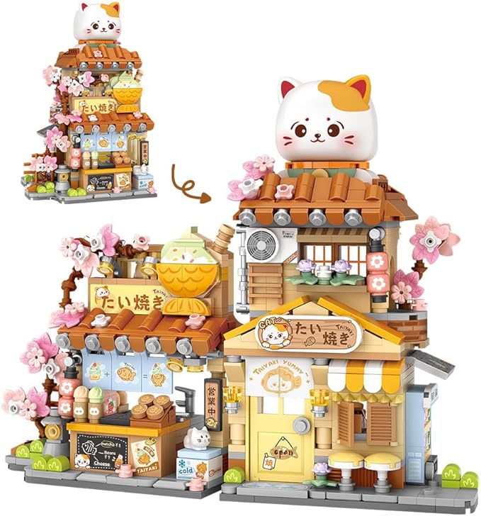 Lucky Cat Building Set,Openable Taiyaki Shop 923PCS Mini Brick Building Toy for Boys Girls Age 8+ (Not Compatible with Lego)