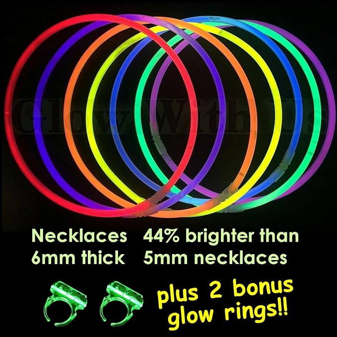 Glow Sticks Bulk Wholesale Necklaces, 100 22" Glow Necklaces, Glow 8-12 Hr, Connector Pre-attached (handy), Bright Colors, Glow-in-the-dark Party Supplies, GlowWithUs Brand