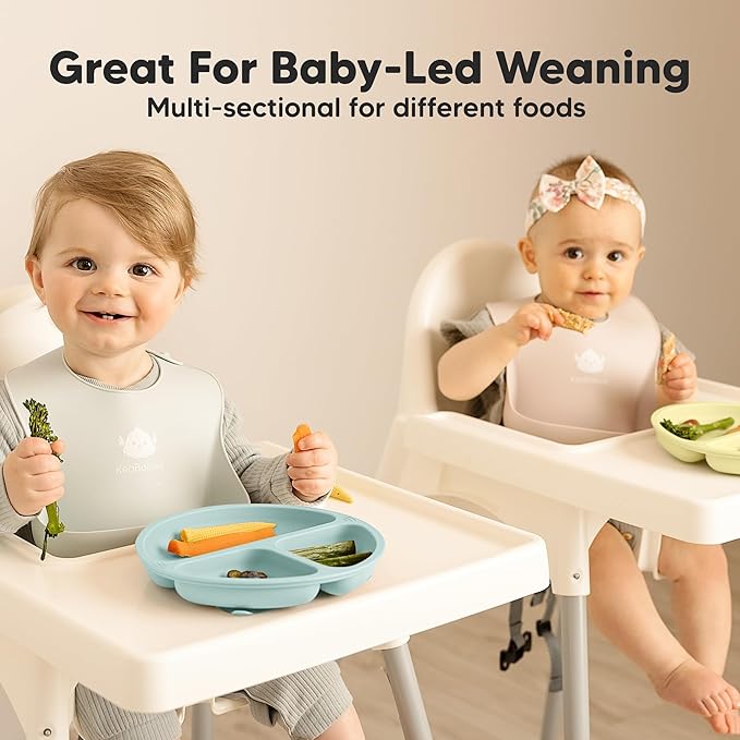 KeaBabies Suction Plates for Baby, Toddler - 3-Pack 100% Silicone Toddler Plates, Divided Baby Plates with Suction, Silicone Plates for Baby, Kids, BPA-Free, Microwave, Dishwasher Safe (Pastel Sky)