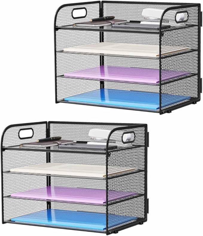 Marbrasse 2 Pack 4 Tier Paper Organizer Letter Tray - Mesh Desk File Organizer with Handle, Paper Sorter Organizer for Letter/A4 Office File Folder Holder (Black, 12.6" x 9.1" x 10.7")
