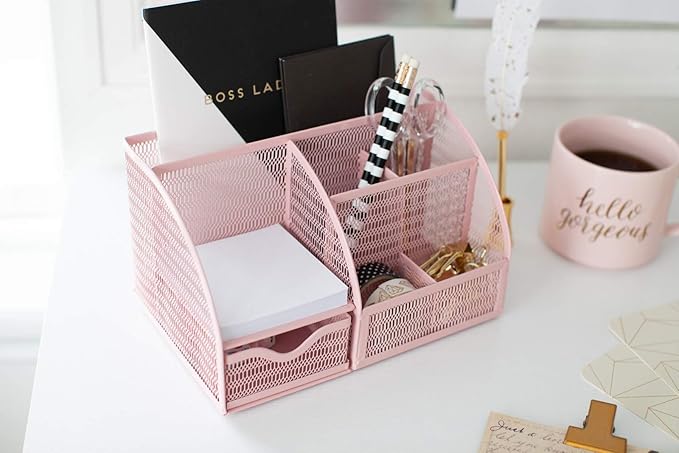BLU MONACO | Light Pink Desk Organizer | Metal Drawer Desk Organizer with 6 Compartments and 1 Drawer | Cute Office Accessories for Women Home School