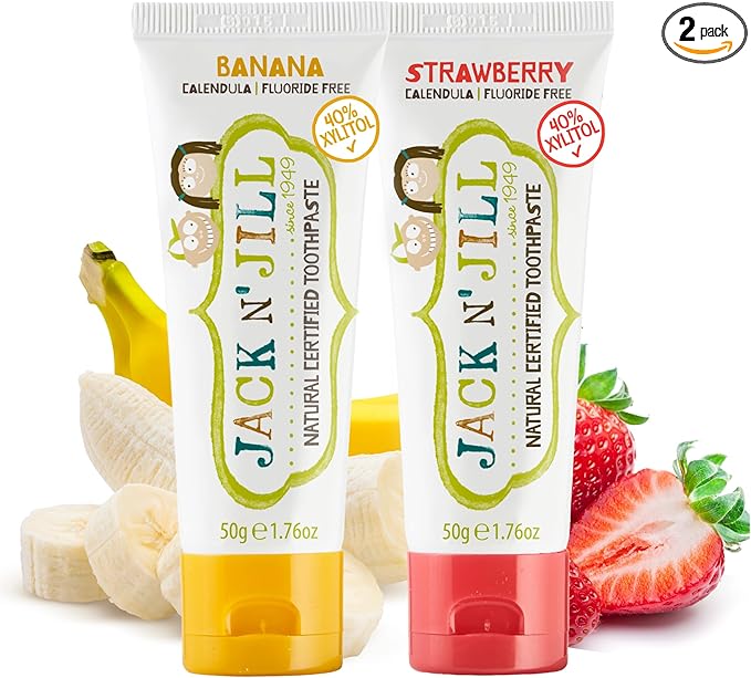 Jack N' Jill Natural Toddler Toothpaste for Baby, Kids and Infants 6 Months & Up, Fluoride Free Training Toothpaste for Toddlers 1-3 (1.76 Fl Oz (Pack of 2), Strawberry & Banana)