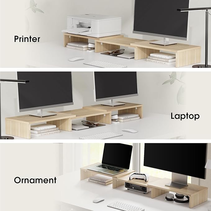 FITUEYES Dual Monitor Stand – 3 Shelf Computer Monitor Riser, Wood Desktop Stand with Adjustable Length and Angle, Desk Accessories, Office Supplies Medium Oak, DT108006WO