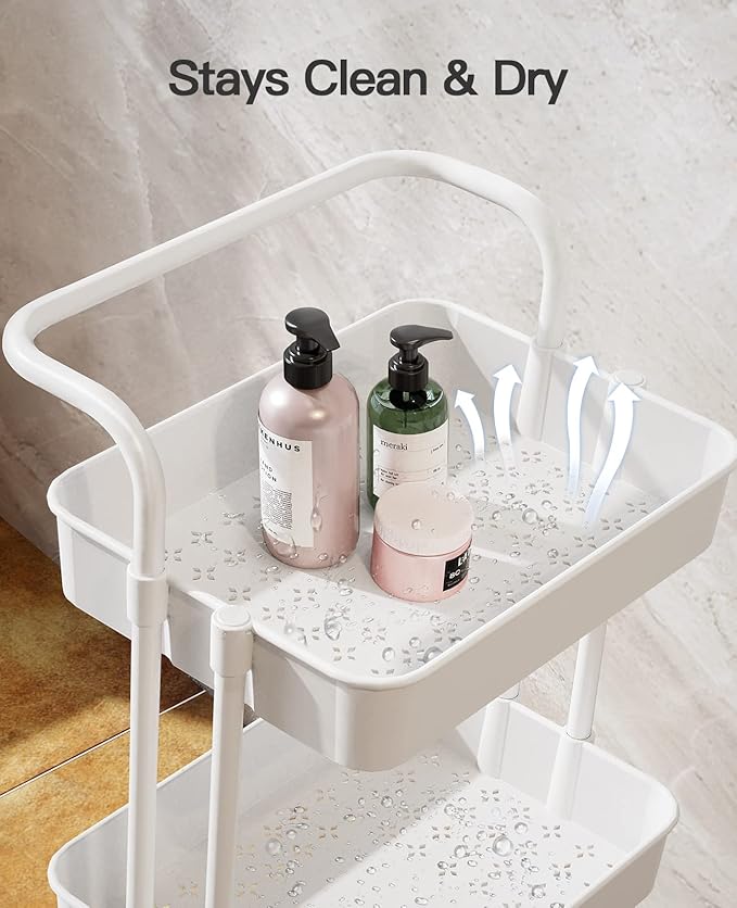 Pipishell 3 Tier Rolling Cart - Art & Craft Organizer Cart with Hanging Cups & Hooks - White Metal Storage Carts with Wheels Perfect for Craft Room, Office, Kitchen, Bedroom, Bathroom, Laundry Room